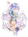  1girl blue_hair closed_eyes cup folding_fan from_side green_kimono hand_fan highres japanese_clothes kazuka kimono long_hair original painting_(medium) solo strainer teacup teapot traditional_media upper_body watercolor_(medium) white_background 