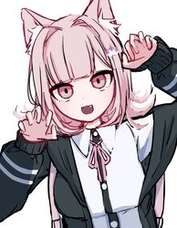  1girl :d animal_ears black_jacket black_shirt brown_hair cat_ears collared_shirt danganronpa_(series) danganronpa_2:_goodbye_despair dress_shirt fang highres jacket long_sleeves medium_hair nanami_chiaki neck_ribbon nia_(nya_nanjr) open_clothes open_jacket pink_eyes pink_ribbon ribbon shirt simple_background smile spaceship_hair_ornament upper_body white_background white_shirt 