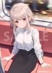  1girl bag black_skirt choppy_bangs closed_mouth collared_shirt copyright_notice cowboy_shot earrings elf elu_(nijisanji) grey_hair jewelry looking_at_viewer motion_blur nijisanji official_art pencil_skirt pointy_ears pole red_eyes sample_watermark shirt shirt_tucked_in short_hair shoulder_bag sidelocks sitting skirt sleeves_past_elbows smile subway train_interior virtual_youtuber watch watch watermark white_shirt window yoshino_ryou 