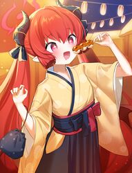  1girl black_hakama black_horns blue_archive blush dango demon_horns fang food hakama halo highres holding holding_food horns japanese_clothes junko_(blue_archive) junko_(new_year)_(blue_archive) kiki-yu kimono long_hair mitarashi_dango official_alternate_costume open_mouth pointy_ears red_eyes red_halo redhead smile solo twintails wagashi wide_sleeves yellow_kimono 