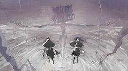  2others book commentary_request cover_image fingernails hat highres holding holding_book horror_(theme) kohata_(kohatazuke) looking_at_viewer monster multiple_others negaresurrection one-eyed original partially_colored red_eyes reflection reflective_water ripples science_fiction sharp_fingernails skinny standing water witch_hat 