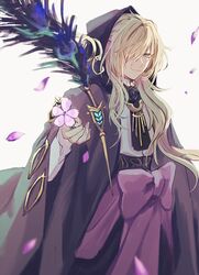  1boy ascot black_ascot black_flower black_robe black_rose blonde_hair bow brooch closed_mouth colored_eyelashes cowboy_shot falling_petals fate/grand_order fate_(series) feathers flower grey_eyes hair_over_one_eye holding holding_flower hooded_robe jewelry kimidorix32 long_hair long_sleeves looking_at_viewer male_focus open_clothes open_robe outstretched_hand peacock_feathers petals pink_flower purple_bow purple_sash robe rose sash shirt simple_background smile solo very_long_hair white_background white_shirt wide_sleeves wolfgang_amadeus_mozart_(fate) wolfgang_amadeus_mozart_(tour_outfit)_(fate) 