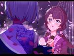  2girls black_gloves blue_eyes blue_hair blush bob_cut cherry_blossoms commentary dark_blue_hair dollchestra elbow_gloves falling_petals flower fog gloves grey_hair hair_flower hair_ornament highres holding holding_microphone inverted_bob japanese_clothes letterboxed link!_like!_love_live! long_hair looking_at_another love_live! low_twintails microphone mole mole_on_neck multicolored_hair multiple_girls murano_sayaka night night_sky open_mouth petals redhead scapegoat_(love_live!) shirt short_hair sky sleeveless sleeveless_shirt solo_focus ssyunn streaked_hair twintails virtual_youtuber yugiri_tsuzuri 