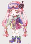  1girl artist_name blue_hair blue_skirt clownfish commentary_request drooling eyelashes fish full_body green_eyes green_hair grey_background grey_shirt hands_in_pockets harmony&#039;s_clownfish_(splatoon) harmony_(splatoon) highres hood hood_down hooded_jacket jacket long_hair long_sleeves miniskirt multi-tied_hair multicolored_clothes multicolored_footwear multicolored_hair multicolored_jacket open_clothes open_jacket open_mouth pink_hair pleated_skirt plum0o0 purple_hair shirt shoelaces signature simple_background skirt splatoon_(series) standing tentacle_hair very_long_hair 