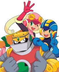  1girl 2boys armor black_leotard blonde_hair blue_bodysuit blue_helmet bodysuit closed_eyes green_eyes group_picture gutsman.exe helmet highres irotoridori2024 leotard long_hair mega_man_(series) mega_man_battle_network_(series) megaman.exe multiple_boys one_eye_closed open_mouth pink_helmet pink_leotard red_armor roll.exe_(mega_man) short_hair simple_background teeth tongue upper_teeth_only v white_background 