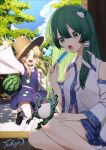  2girls :d animal_print bare_shoulders black_footwear blonde_hair blue_skirt brown_hat collared_shirt detached_sleeves food forest frog_print fruit green_eyes green_hair hat kochiya_sanae loafers long_hair long_sleeves medium_hair mikazuki_tsukiyo moriya_suwako multiple_girls nature open_mouth outdoors popsicle purple_skirt purple_vest shirt shoes sidelocks single_sidelock sitting skirt smile socks touhou turtleneck very_long_hair vest watermelon waving white_shirt white_socks wide_sleeves 