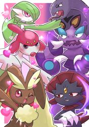  animal_ears arbok claws drapion gardevoir heart highres lopunny medicham no_humans one_eye_closed open_mouth pokemon pokemon_(creature) pokemon_mystery_dungeon red_eyes tsuku_neee weavile 