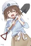  1girl =_= absurdres blue_shirt blush bob_cut bow breasts brown_hair brown_skirt closed_eyes closed_mouth dot_nose flying_sweatdrops hagiwara_yukiho helmet highres holding holding_shovel idolmaster idolmaster_(classic) idolmaster_million_live! idolmaster_million_live!_theater_days long_sleeves medium_breasts nnnn open_mouth shirt short_hair shovel signature simple_background skirt solo upper_body waist_bow white_background white_bow 