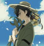 1boy black_eyes black_hair blue_sky clouds commentary_request day flower from_side hat holding holding_flower japanese_clothes male_focus mole mole_under_eye nakanakacxy original outdoors profile sky solo sun_hat sunflower upper_body yellow_flower 