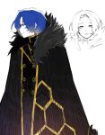  1boy black_cape black_coat blue_hair cape chesed_(project_moon) closed_mouth coat commentary cowboy_shot fur-trimmed_cape fur_trim highres lobotomy_corporation looking_at_viewer project_moon simple_background smile solo white_background yellow_eyes zygyzy_031 