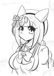  1girl absurdres animal_ears beret blush bow braid breasts closed_mouth cropped_torso goma_(gomasamune) hair_bow hair_ornament hat highres hokko_tarumae_(umamusume) horse_ears large_breasts long_hair looking_at_viewer low_twintails monochrome multicolored_hair school_uniform shirt simple_background smile spot_color star_(symbol) star_hair_ornament striped_bow tracen_school_uniform twin_braids twintails twitter_username two-tone_hair umamusume upper_body very_long_hair white_background 