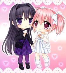  2girls akemi_homura ankle_boots artist_name bag black_footwear black_hair black_shirt boots bow character-themed_food chibi chibi_only closed_mouth commentary dress english_commentary food full_body hair_bow handbag heart highres holding_hands ice_cream jacket kaname_madoka kigidere kyubey long_hair long_sleeves loose_socks mahou_shoujo_madoka_magica mary_janes multiple_girls open_clothes open_jacket pantyhose pink_footwear pink_hair plaid_clothes plaid_skirt pleated_skirt purple_pantyhose purple_skirt shirt shoes signature skirt smile socks standing turtleneck twintails very_long_hair violet_eyes white_bow white_dress white_socks yuri 