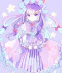  1girl bat_wings crescent crescent_hair_ornament crescent_hat_ornament crescent_pin dress hair_ornament hat hat_ornament hiyuu_(hiyualice) mob_cap one-hour_drawing_challenge patchouli_knowledge purple_dress purple_hair solo star_(sky) striped_clothes striped_dress touhou vertical-striped_clothes vertical-striped_dress violet_eyes wings 