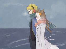  1boy 1girl alternate_costume bad_id bad_pixiv_id blonde_hair blush brown_eyes brown_hair coat earmuffs green_scarf hair_bobbles hair_ornament ichimatsu_(niru) jasmine_(pokemon) ocean outdoors pink_scarf pokemon pokemon_dppt scarf standing volkner_(pokemon) white_coat 