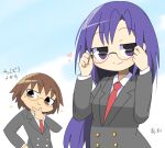  2girls adjusting_eyewear bespectacled black_jacket brown_eyes brown_hair buttons closed_mouth commentary_request glasses goshiki_agiri hand_on_own_chin heart jacket kill_me_baby lets0020 long_hair long_sleeves looking_at_viewer multiple_girls necktie oribe_yasuna purple_hair red_necktie school_uniform shirt short_hair smile smug split_mouth translation_request upper_body violet_eyes white_shirt 