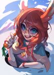  1girl animal_ears artist_name aurora_(league_of_legends) blue_eyes blue_sky carrot clouds earrings elbow_gloves english_commentary freckles glasses gloves hair_between_eyes highres holding holding_carrot hole jewelry league_of_legends long_hair looking_at_viewer looney_tunes mountain nebura_(neburaart) open_mouth orange_hair outdoors parody rabbit_ears rabbit_girl ring round_eyewear sidelocks sky smile snow solo teeth upper_body upper_teeth_only white_gloves 