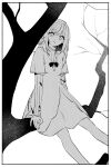  1girl absurdres aged_down commentary dress greyscale hair_bun highres long_hair long_sleeves looking_at_viewer mmr1g_3 monochrome outdoors parted_lips reverse:1999 single_side_bun sitting_on_branch solo symbol-only_commentary tree vertin_(reverse:1999) 
