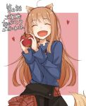  1girl :d ^_^ ahoge animal_ear_fluff animal_ears apple ayakura_juu black_skirt blue_shirt border brown_hair choppy_bangs closed_eyes commentary_request facing_viewer fang food fruit heart holding holding_food holding_fruit holo long_hair long_sleeves open_mouth outside_border pink_background pouch red_sash sash shirt sidelocks skirt smile solo spice_and_wolf tail translation_request upper_body white_border wolf_ears wolf_girl wolf_tail 