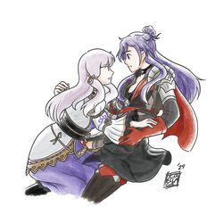  2girls asymmetrical_clothes cape choker daneicole fire_emblem fire_emblem:_three_houses fire_emblem_warriors:_three_hopes hair_bun hair_over_one_eye highres lysithea_von_ordelia multiple_girls patterned_legwear purple_hair shez_(female)_(fire_emblem) shez_(fire_emblem) single_hair_bun violet_eyes yuri 