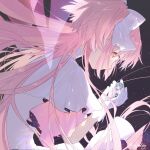 2girls artist_name blue_hair bow brown_eyes carrying carrying_person commentary dress giant giantess gloves goddess_madoka hair_bow highres kaname_madoka long_hair magical_girl mahou_shoujo_madoka_magica mahou_shoujo_madoka_magica:_hangyaku_no_monogatari mahou_shoujo_madoka_magica_(anime) miki_sayaka miki_sayaka_(magical_girl) multiple_girls pink_hair short_hair short_twintails sky space star_(sky) starry_sky twintails un_nm5sy white_bow white_dress white_gloves 