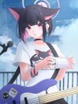  1girl absurdres animal_ears black_choker black_hair blue_archive blush breasts cat_ears choker collarbone electric_guitar guitar halo highres instrument kazusa_(band)_(blue_archive) kazusa_(blue_archive) mashiro_arts medium_breasts official_alternate_costume open_mouth pink_halo red_eyes shirt short_hair short_sleeves solo uniform web_address white_shirt 