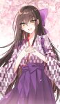  1girl :d blush bow branch brown_hair collarbone commentary_request commission flower green_eyes hair_between_eyes hair_bow hakama hakama_skirt highres interlocked_fingers japanese_clothes kimono kinona long_hair looking_at_viewer original own_hands_together petals print_kimono purple_bow purple_hakama skeb_commission skirt smile solo very_long_hair white_flower yagasuri 