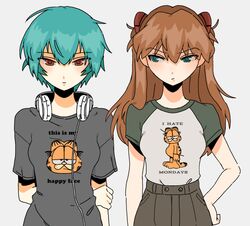  2girls ayanami_rei blue_hair brown_hair comedy duo female garfield hand_on_hip headphones long_hair looking_at_viewer looking_to_the_side neon_genesis_evangelion short_hair snale souryuu_asuka_langley t-shirt white_background 