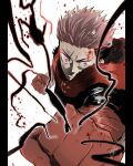  1boy angry black_lightning clawed_gauntlets gauntlets glowing glowing_eyes highres hood hoodie incoming_attack itadori_yuuji jujutsu_kaisen jujutsu_tech_uniform kouta_decade lightning pink_hair pink_hoodie punching scar scar_on_face solo white_background 