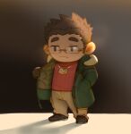  1boy brown_footwear brown_gloves brown_hair chibi chibi_only closed_mouth full_body glasses gloves grey_pants highres jewelry long_sideburns long_sleeves male_focus motoori_shiro necklace no_nose pants red_sweater ribbed_sweater short_hair sideburns solo standing sweater thick_eyebrows tokyo_afterschool_summoners tyou 