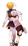  2boys blonde_hair chiyo_(rotsurechiriha) commentary_request from_behind full_body hug hug_from_behind hunter_x_hunter killua_zoldyck kurapika long_sleeves male_focus multiple_boys short_hair shorts simple_background spiky_hair surprised sweatdrop translation_request walking white_background white_hair 