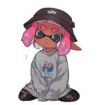  1girl aki_(gsl_9708) black_hat black_pants bucket_hat closed_mouth commentary_request dark-skinned_female dark_skin grey_eyes grey_sweater hat ikki_(gsl_9708) inkling inkling_girl inkling_player_character korean_commentary medium_hair notice_lines pants pink_hair pointy_ears print_sweater simple_background sitting sleeves_past_fingers sleeves_past_wrists solo splatoon_(series) sweater tentacle_hair thick_eyebrows torn_clothes torn_pants wariza white_background 