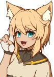 1girl :3 animal_ear_fluff animal_ears black_gloves blonde_hair blush bridget_(guilty_gear) cat_boy cat_ears fang female_focus fingerless_gloves gloves green_eyes guilty_gear guilty_gear_strive highres looking_at_viewer medium_hair nirade44 open_mouth short_sleeves smile two-tone_gloves upper_body white_gloves