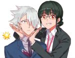  1boy 1girl anosillus_ii anti_(ssss.gridman) black_hair blue_eyes braid breasts formal glasses grey_hair gridman_universe gridman_universe_(film) hair_over_one_eye jacket long_hair long_sleeves looking_at_viewer name_tag red_eyes risyo shirt short_hair smile ssss.dynazenon suit 