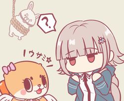 1girl :d ? backpack bag ball_gag bdsm blunt_bangs blush_stickers bondage bound bow brown_background brown_hair character_request chiitan danganronpa_(series) danganronpa_2:_goodbye_despair gag green_jacket hood hood_down hooded_jacket jacket kmnm_1403 medium_hair monomi_(danganronpa) neck_ribbon open_clothes open_jacket pink_bag pink_bow pink_eyes ribbon rope simple_background smile spaceship_hair_ornament spoken_question_mark star-shaped_pupils star_(symbol) symbol-shaped_pupils translation_request two-tone_shirt