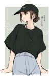  1girl absurdres azumaya_toushirou baseball_cap brown_hair detached_wings folded_ponytail green_eyes hat high-waist_pants highres jewelry looking_to_the_side necklace original pants short_sleeves smile solo translation_request wings 