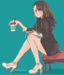  1girl :3 anklet aqua_background asymmetrical_bangs bad_id bad_pixiv_id black_dress black_hair bracelet breasts brown_eyes cassettesex character_charm charm_(object) closed_mouth cup disposable_coffee_cup disposable_cup dress drinking_straw earrings from_side gold_anklet gold_bracelet gold_earrings hachiouji_naoto hair_ornament hair_over_shoulder hairclip high_heels holding holding_cup hood hood_down hooded_dress hoop_earrings ijiranaide_nagatoro-san jewelry light_blush light_smile long_hair long_sleeves looking_at_viewer looking_to_the_side nagatoro_hayase on_stool shadow simple_background sitting small_breasts smile solo stool sweater sweater_dress white_footwear 