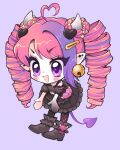  1girl ahoge bell black_dress chibi chibi_only demon_girl demon_horns demon_tail dress drill_hair eyelashes gothic_lolita happy heart heart_ahoge highres horns ironmouse jingle_bell lolita_fashion oceaninspace pink_hair pointy_ears purple_background smile solo tail twin_drills violet_eyes virtual_youtuber vshojo 
