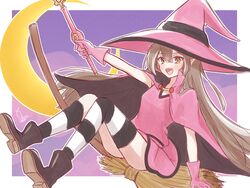  1girl boots broom broom_riding brown_eyes brown_hair chocolat_meilleure chocolat_meilleure_(cosplay) cloak cosplay crescent_moon daikon_keroi fang hat highres hololive hololive_english kneehighs long_hair looking_at_viewer magical_girl moon multicolored_hair nanashi_mumei pink_cloak pink_hat pink_skirt purple_background simple_background single_kneehigh single_sock single_thighhigh skirt socks streaked_hair striped_clothes striped_thighhighs sugar_sugar_rune thigh-highs very_long_hair virtual_youtuber wand witch_hat 