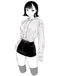  1girl bad_id bad_pixiv_id belt black_hair black_skirt breasts closed_mouth dende_(dndn222) earrings greyscale hair_behind_ear highres jewelry large_breasts long_sleeves looking_at_viewer monochrome original scan scan_artifacts shirt short_hair skirt sleeves_past_wrists solo standing sweater thigh-highs traditional_media 
