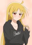  1girl absurdres ahoge black_hoodie blonde_hair blush bocchi_the_rock! closed_mouth clothes_writing collarbone commentary dot_nose drawstring english_commentary highres holding holding_own_hair hood hood_down hoodie ijichi_seika long_hair long_sleeves looking_at_viewer orange_background playing_with_own_hair red_eyes simple_background sleeves_past_wrists solo thundradrawings upper_body very_long_hair 