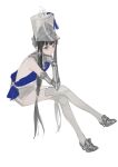  18_kawaki 1girl absurdres bare_arms black_hair blue_dress braided_sidelock crossed_legs dress grey_dress grey_eyes grey_thighhighs hair_ornament hand_on_own_chin hat highres joints long_hair mechanical_arms punishing:_gray_raven qu:_pavo_(flawless_tempo)_(punishing:_gray_raven) qu_(punishing:_gray_raven) robot_joints shako_cap sidelocks sleeveless sleeveless_dress solo star_(symbol) star_hair_ornament thigh-highs two-tone_dress very_long_hair visor_cap white_background 