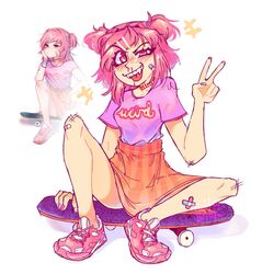  1girl bandaid bandaid_on_knee bandaid_on_leg clothed clothes clothing doki_doki_literature_club footwear natsuki_(doki_doki_literature_club) natsuki_(doki_doki_literature_club)_(skater_outfit) pink_eyes pink_hair shoes skateboard solo teeth tongue twila_brinkk 