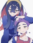  1boy 1girl black_hair blush brother_and_sister carmine_(pokemon) closed_mouth crossed_bangs grey_background grin hair_between_eyes hand_on_another&#039;s_head highres jacket kieran_(pokemon) long_hair long_sleeves mole mole_on_neck mole_under_eye multicolored_hair nmnmnmk_p pokemon pokemon_sv purple_hair red_tank_top redhead siblings simple_background smile squiggle sweat tank_top 