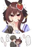  ... 1boy 1girl =_= absurdres animal_ears blush breasts brown_hair commentary_request gentildonna_(umamusume) hair_between_eyes hair_ornament hand_on_another&#039;s_cheek hand_on_another&#039;s_face heart highres holding_hands horse_girl looking_at_viewer rbxlaifjzlilxep red_eyes ribbon school_uniform smile sweat tracen_school_uniform trainer_(umamusume) umamusume white_background 