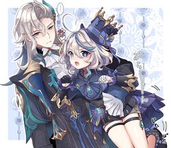  ... 1boy 1girl :o :| ahoge anger_vein ascot asymmetrical_gloves black_coat black_footwear black_gloves black_shorts blue_ascot blue_bow blue_flower blue_gemstone blue_hair blue_hat blue_jacket blue_ribbon blush border bow carrying carrying_person carrying_under_arm closed_mouth coat commentary_request drop-shaped_pupils flower furina_(genshin_impact) garter_straps gem genshin_impact gloves hair_between_eyes hat hat_bow heterochromia highres jacket kodona light_blue_hair lolita_fashion long_sleeves looking_at_another mismatched_gloves multicolored_hair nanami_kazusa neuvillette_(genshin_impact) outline outside_border pointy_ears ribbon shorts speech_bubble spoken_anger_vein streaked_hair symbol-shaped_pupils translation_request vision_(genshin_impact) white_ascot white_border white_eyes white_gloves white_hair white_outline 