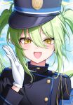  1girl black_hat black_jacket blue_archive blush buttons fang gloves green_hair green_halo halo hat highres jacket lie_07 long_hair long_sleeves nozomi_(blue_archive) open_mouth peaked_cap skin_fang smile solo twintails white_gloves yellow_eyes 