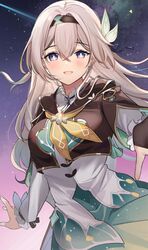  1girl :d black_gloves blush breasts collarbone cowboy_shot cropped_jacket firefly_(honkai:_star_rail) floating_hair frilled_sleeves frills gloves grey_hair hair_between_eyes hair_ornament highres honkai:_star_rail honkai_(series) long_hair long_sleeves looking_at_viewer medium_breasts neckerchief orange_neckerchief ry_thae skirt sky smile star_(sky) starry_sky two-tone_eyes 