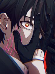  1boy adam_(honkai_impact) black_gloves brown_hair commentary covering_face covering_one_eye crying crying_with_eyes_open eipenor gloves glowing_markings hand_on_own_face honkai_(series) honkai_impact_3rd looking_at_viewer male_focus portrait red_eyes short_hair slit_pupils solo tears 