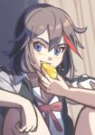  1girl black_hair blue_eyes blush colored_inner_hair eating food fruit grin hege7342 highres holding holding_food holding_fruit kill_la_kill lemon long_sleeves matoi_ryuuko medium_hair multicolored_hair neckerchief red_neckerchief redhead shirt sitting smile solo white_shirt 