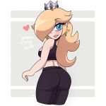 1girl absurdres ass black_sports_bra blonde_hair blue_eyes crown earrings english_text from_behind hair_over_one_eye heart highres jewelry long_hair looking_at_viewer looking_back mario_(series) non-web_source pants rosalina solo sports_bra super_mario_galaxy yoga_pants